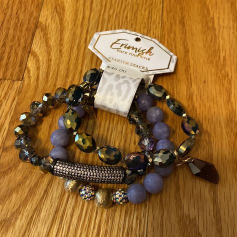 Gorgeous Set Of 3 Unique Stretch Bracelets From Erimish. Beautiful Detailing And Embellishments. Starter Stack. Brand New. Smoke Free Home. Bracelets Purple, Erimish Bracelets, Stack Bracelets, Bracelet Stacks, Turquoise Charm, Bracelet Box, Beads Bracelet Design, Gold Bead Bracelets, Bracelet Design