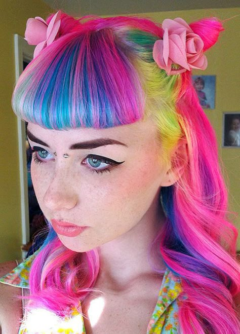 Lisa Frank Locks - all the hair colours on this page are sick Hair Rainbow, Rainbow Hair Color, Multi Colored Hair, Hair Colour Ideas, Amazing Hairstyles, Colourful Hair, Coloured Hair, Hair Creations, Bright Hair