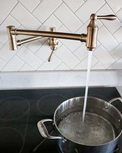 Kitchen Faucet and Installing a Pot Filler Small American Kitchens, Pot Filler Kitchen, Fixer Upper Kitchen, Black Kitchen Faucets, Diy Kitchen Remodel, Pot Filler Faucet, Small Tiles, Good Nutrition, Pot Filler