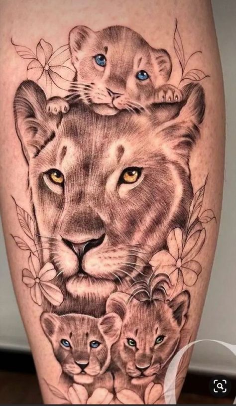 Lioness And 3 Cubs Tattoo For Women, Mama Lion And 4 Cubs Tattoo, Lioness And 3 Cubs Tattoo Mothers, Mom Of Five Tattoo, Mom And 3 Kids Tattoo, Tattoo Ideas For My Kids, Lion And Cubs Tattoo For Women, Lioness With Cubs Tattoo, Lioness And Cubs Tattoo Mothers