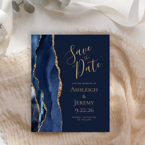 Budget Agate Navy Blue Wedding Save the Date - navy gold save the date invitations Gold Save The Dates, Elegant Modern Wedding, Emerald Green Weddings, Wedding Magnet, Modern Save The Dates, Dark Wedding, Foil Invitations, Save The Date Postcards, Save The Date Card