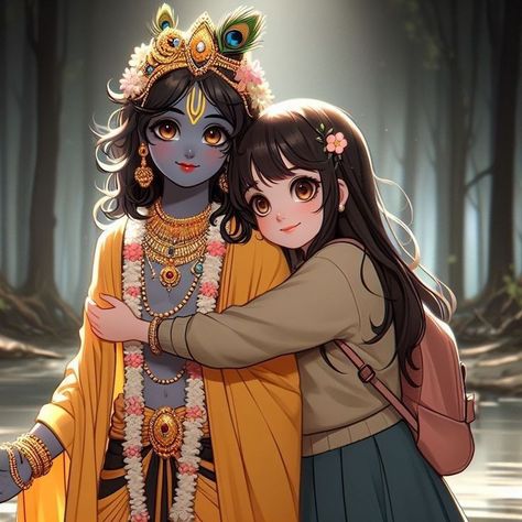 Kanha And Sakhi, Krishna Hugging Devotee, Krishna Illustrations, Krishna Sakhi, Little Kanha Ji Images, Cute Drawings Of People, Hinduism History, Siya Ram, Friendship Images