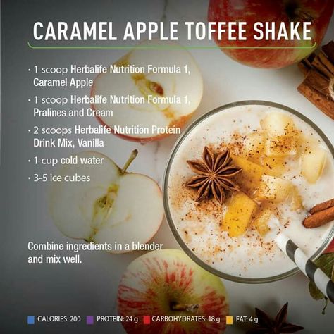 Caramel Apple Toffee Shake Apple Shake Recipe, Herbal Life Shakes, Shake Ideas, Herbalife Diet, Pralines And Cream, Herbalife Protein, Protein Drink Mix, Herbalife Shakes, Herbalife Nutrition Club