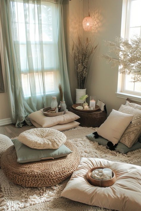 Meditation Loft Ideas, White Meditation Room, Meditation Room Colors Schemes, Nap Room Office, Cozy Bedroom Sitting Area, Meditation Reading Room, Massage Room Colors Ideas, Meditation Corner Ideas Small Spaces, One Room Apartment Ideas Space Saving