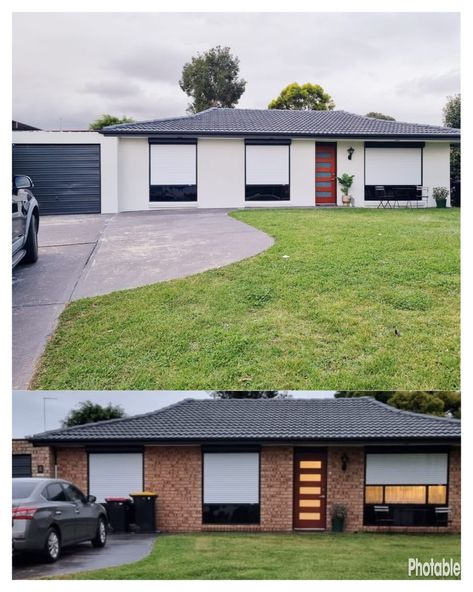 Surfmist Render, Exterior Render Colours, Render And Weatherboard Facade, External Render, Non Realistic Render Architecture, Brick House, Modern House Exterior, House Colors, Garage Doors