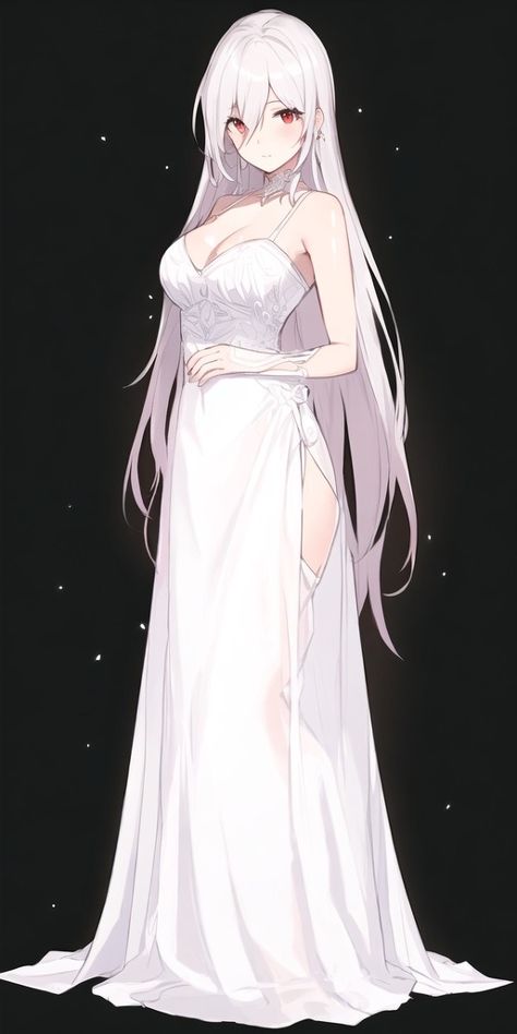 Long Haired Anime Woman, Animes White Hair Girl, Anime Woman With White Hair, Anime Female White Hair, Bambi Mom, White Hair Character Design Female, White Hair Anime Woman, Long Hair Drawing, Revealing Outfit