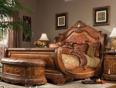 California King Size Bed | AICO Cortina California King Size Sleigh Bed in Honey Walnut Finish Wood Sleigh Bed, King Bedroom Furniture, California King Size Bed, Sleigh Bedroom Set, King Sized Bedroom, Cama King Size, Sleigh Bed, King Bedroom Sets, King Bedroom