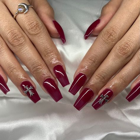 Red Cross Nails Acrylic, Red Nails With Cross Design, Red Nails With Cross Charm, Dark Red Nails With Cross, Red Nails With Cross, Basic Red Nails, Red Nails With Charms, Dark Red Nails Ideas, Dark Red Nails With Design