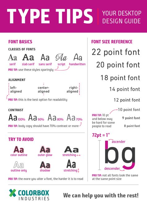 Type tips, desk design guide Basic typography, alignment and contrast, type best practices, font size guide, things to avoid. Design, graphic design, for all. Colorbox Industries. Serif, Slab Serif, Sans Serif, script, handwritten. Typography In Graphic Design, Typography Tips And Tricks, Graphic Design Tips Cheat Sheets, How To Guide Design Layout, Typography For Websites, Custom Typography Design, Graphic Design Guide, Typography Alignment, Font Size Guide