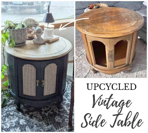 Upcycled Vintage Side Table Refurbish Side Table, Side Table Upcycle, Upcycled Side Table, Side Table Redo, Mcm Side Table, Upcycle Wood, Furniture Makeover Inspiration, End Table Makeover, Round Wood Side Table