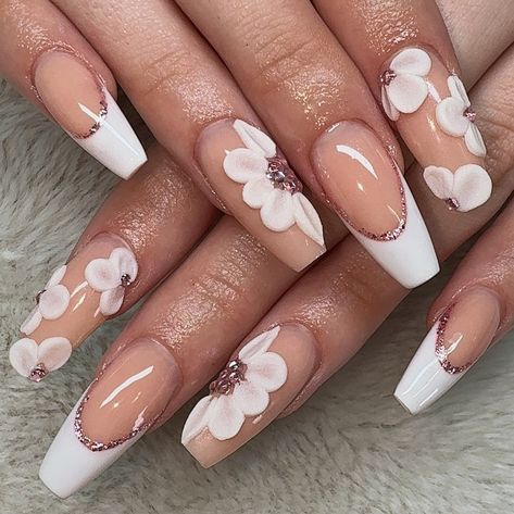 3d acrylic flower french tip nails 🌸🤍 acrylic fill w/ nail art done on @kennedydav1s_ <3 @youngnailsinc - cover pink - speed white @dndgel @dndgel.europe - dc 056 white chalk - dc 212 cute pink platinum #3dflowernails #3dflower #3dflowers #3dflowernailsart #3dacrylicflowers #3dacrylicnailart #boujeenails #promnailinspo #weddingnailinspo #whitenails #whitenailsdesign #nails #nailsnailsnails #nailsofinstagram #nailsart #nailstagram #nailinspiration #nailinspo #acrylicnailinspo #showscratc... Flower French Tip Nails, Tip Nails Acrylic, French Tip Nails Acrylic, Flower French Tip, Ballerina Flower, 3d Acrylic Nails, Neutral Nail, 3d Flower Nails, White French Tip