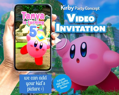 Kirby birthday invitation video animated mobile invite for kids digital instant download Kirby Birthday Party, Kirby Video, Kirby Birthday, Animated Invitations, Invitation Video, Birthday Video, Birthday Gif, Birthday Party Invitation, Editable Invitations