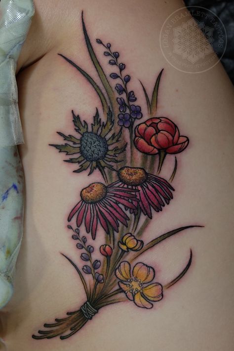 wildflower color tattoo by Logan Bramlett of Wanderlust Tattoo Society Follow me on IG to see more work @LoganBram Arkansas Wildflower Tattoo, Floral Bouquet Tattoo Color, Large Flower Bouquet Tattoo, Neo Traditional Wildflower Tattoo, Bouquet Tattoo Traditional, Wildflower Bouquet Tattoo, Wild Flowers Tattoo, Wildflower Tattoo Design, Wild Flower Tattoo