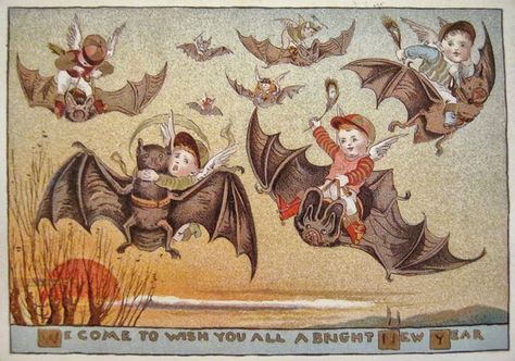 Just in time for New Years comes the cap wearing bat riding baby jockeys to help you have a brighter year...or something like that. I have a feeling there's a story behind this postcard from the 1890's. Let me know if you find out. Uh, don't forget to close the windows before you go to bed on New Years... Victorian Christmas Cards, Flying Bats, Ghost Of Christmas Past, Weird Vintage, Creepy Christmas, Christmas Ad, New Year Greeting Cards, Halloween Vintage, Arte Inspo