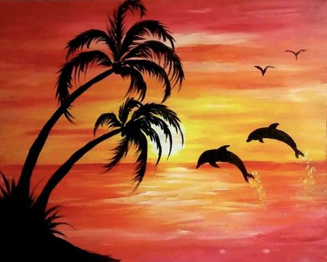 Watercolor Sunsets, Disney Canvas Paintings, Beach Sunset Painting, Dolphin Painting, Beach Drawing, Dolphin Art, Sunset Artwork, Image Swag, Paint Night