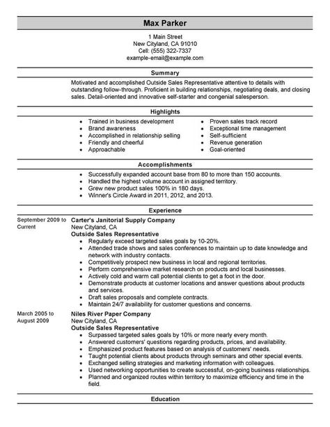 Best Outside Sales Representative Resume Example | LiveCareer Sales Representative Resume, Sales Job, Sales Resume Examples, Resume Summary Examples, Business Analyst Resume, Professional Resume Examples, Resume Objective Examples, Sales Resume, Job Description Template