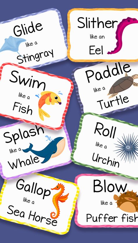 Ocean Action Cards for Kids * Free Printable! Under The Sea Movement Cards, Ocean Bingo Free Printable, Ocean Movement Cards, Ocean Games For Kids, Ocean Animals Kindergarten, Ocean Themed Games, Vbs Games, Ocean Games, Beach Crafts For Kids