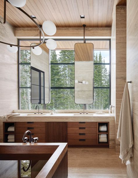 This Park City Property Boasts Stunning Views and Elevated Amenities - Interior Design Elegant Bathroom Decor Ideas, Wood Tub, Floating Fireplace, Elegant Bathroom Decor, Primary Suite, Suite Bathroom, Ski House, Showroom Interior Design, Vanity Mirrors