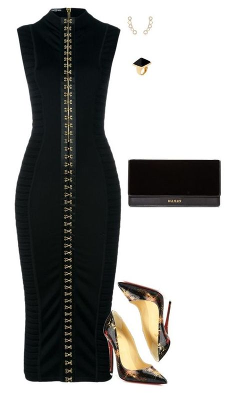 Louboutin by tina-pieterse on Polyvore featuring polyvore fashion style Balmain Christian Louboutin Kenneth Jay Lane River Island clothing Dress Outfits Polyvore, Island Clothing, Classy Dress Outfits, Diva Fashion, All Black Outfit, Outfit Combinations, Complete Outfits, Dressy Outfits, Mellow Yellow