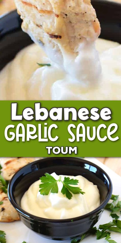 A creamy garlic sauce perfect for dipping chicken with Pinterest overlay. Toum Recipe, Lebanese Garlic Sauce, Raw Eggs, Lebanese Cuisine, Garlic Dip, Grilled Meats, Lost 100 Pounds, Garlic Sauce, Crab