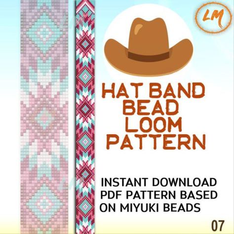 Hatband Delica Beads Pink Loom Pattern No.07 Hat Belt for Cowboy Cowgirl Western Native Style Loom Beads Pattern DIY Gift Idea - Etsy Beaded Hat Bands, Beads Pattern, Bead Loom Pattern, Beaded Hat, Loom Pattern, Beaded Cross Stitch, Native Style, Cowgirl Western, Bead Loom