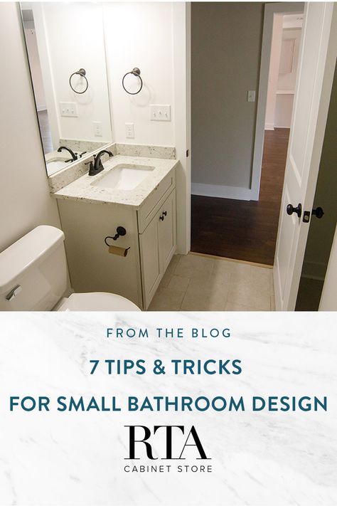 Big Mirror In Small Bathroom, How To Make A Small Bathroom Look Bigger, Bathroom Hardware Placement, Small Space Bathroom Vanity, Small Bathroom Look Bigger, Bathroom Big, Small Space Bathroom, Rta Cabinets, Small Bathroom Vanities