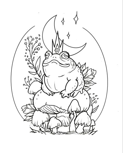 Frog Prince Tattoo, Cottagecore Drawing, Fairy Sketch, Flash Drawing, Prince Tattoos, Cupcake Drawing, Frog Coloring Pages, Fall Drawings, Mushroom Tattoos