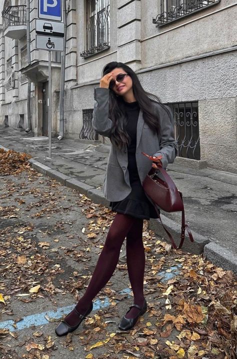 Burgundy Pantyhose Outfit, Maroon Boots Outfit Winter, Burgundy Tights Outfit Winter, Burgundy Stockings Outfits, Maroon Tights Outfit, Funky Winter Outfits, Burgundy Tights Outfit, Burgundy Skirt Outfit, Burgundy Boots Outfit