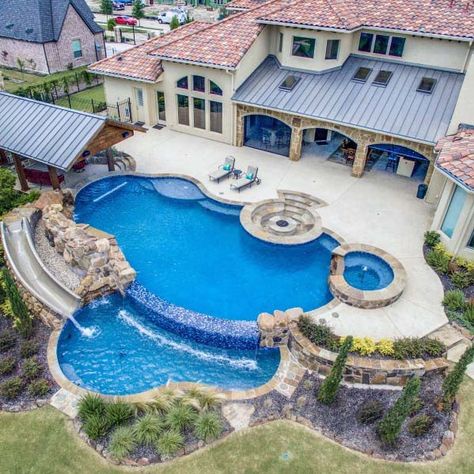 Large Backyard Designs Pool Waterfall With Slide Pool Diy, Dream Backyard Pool, Pool And Hot Tub, Pools Backyard Inground, Luxury Swimming Pools, Cool Swimming Pools, Pool Waterfall, Luxury Pools, Backyard Pool Landscaping