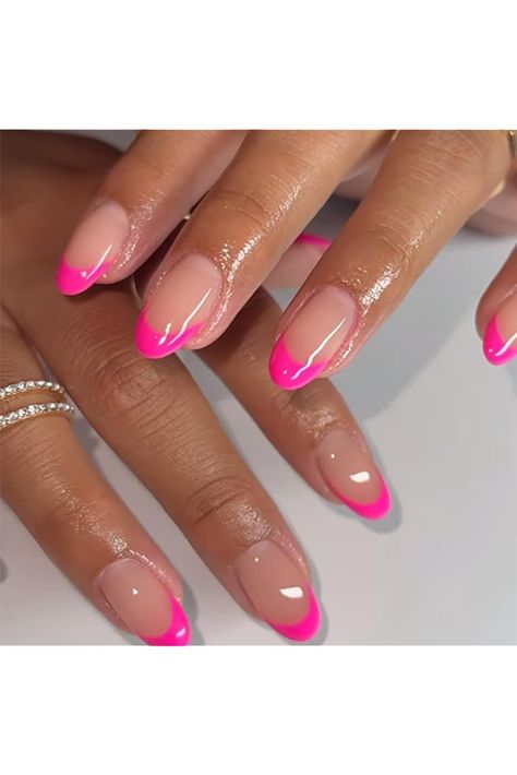 Top Dominican Nail Designs for Summer 2024 Medium Length Almond Nails French Tip, Nail With Pink Tip, Bright Pink Nails French Tip, Cute Acrylic Nails Spring, Spring Break Nail Ideas French Tip, Bright Pink French Nails, Summer French Tips Almond, Neon Pink Tip Nails, French Manicure Hot Pink