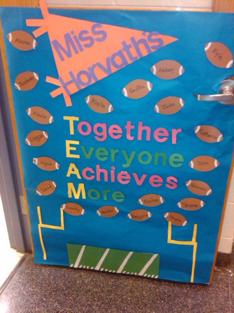 TEAM {Together Everyone Achieves More} Sports themed Classroom Door Sports Theme Classroom Decorations, Team Themes, Together Everyone Achieves More, School Sports Theme, Sports Theme Classroom, Team Theme, Sports Classroom, Class Theme, First Year Teachers