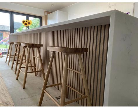 Kitchen Island Slats, Wood Slat Island Kitchen, Wood Slat Kitchen Island, Tavern Kitchen, Dubai Kitchen, Beach Kitchen, Timber Battens, Timber Slats, Pine Kitchen