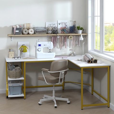 Inbox Zero Lantz 68.9'' Desk & Reviews | Wayfair Enjoy Studying, Small Sewing Rooms, Yellow Desk, Sewing Desk, Desk Corner, L Shape Desk, Study Room Design, Desk Layout, Sewing Room Design