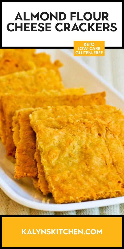 Pinterest image for Almond Flour Cheese Crackers shown on serving dish. Gluten Free Cheese Crackers, Gf Appetizers, Keto Crackers, Cheddar Crackers, Keto Appetizers, Keto Eating, Low Carb Muffins, Low Carb Low Fat Recipes, Crab Dip