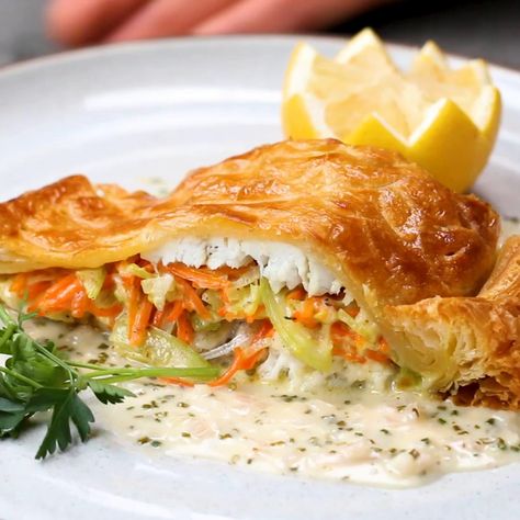 Wolfgang Puck's Sea Bass In Puff Pastry Recipe by Tasty Salmon Wellington Recipe, Wolfgang Puck Recipes, Salmon Wellington, Wolfgang Puck, Puff Pastry Recipes, Sea Bass, Pastry Recipes, Puff Pastry, Fish Recipes