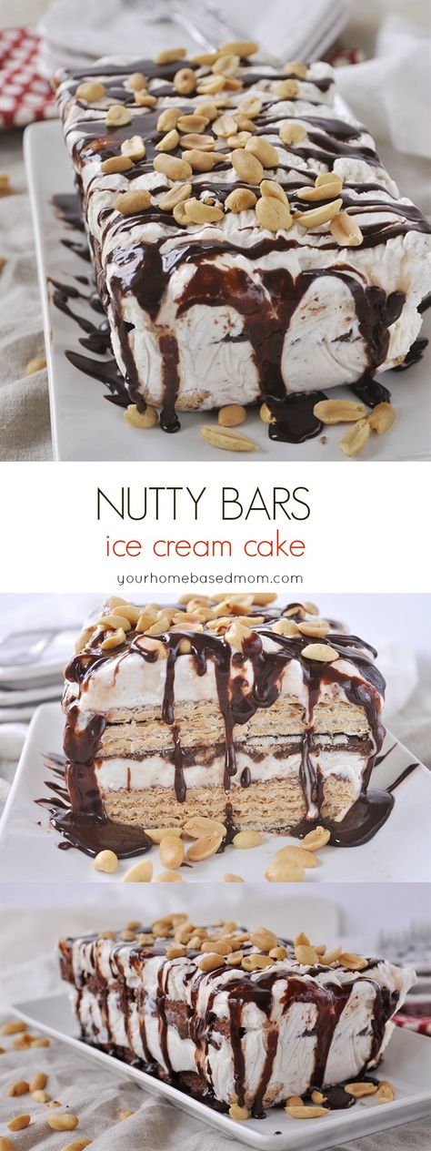 Nutty Bars Ice Cream Cake Frozen Dessert Recipe - This easy treat combines two childhood favorites â nutty bars and ice cream.  Add in some hot fudge sauce and peanuts and itâs time to celebrate! Nutty Buddy Cake, Nutty Bars, Nutty Buddy, Cake Frozen, Medicine Tips, Hot Fudge Sauce, Ice Cream Cake Recipe, Frozen Dessert Recipe, Fudge Sauce