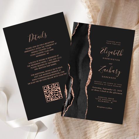 Budget Black Rose Gold Agate Dark QR Code Wedding | Zazzle Dark Wedding Invitations, Elegant Wedding Stationery, Elegant Modern Wedding, Afternoon Wedding, Wedding Invitations Elegant, Black Watercolor, Invitation Flyer, Wedding Anniversary Invitations, Dark Wedding