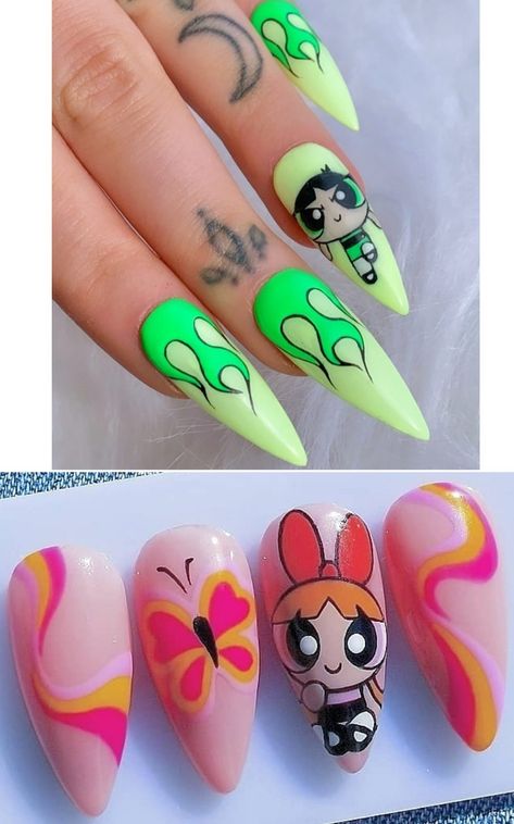 THE POWERPUFF GIRLS Nail Art Character Design, Character Design Nails, Nail Character Designs, Cute Character Nails, Nails Drawing Ideas, Powerpuff Nail Art, Characters On Nails, Nails With Drawings, Blossom Powerpuff Nail Art