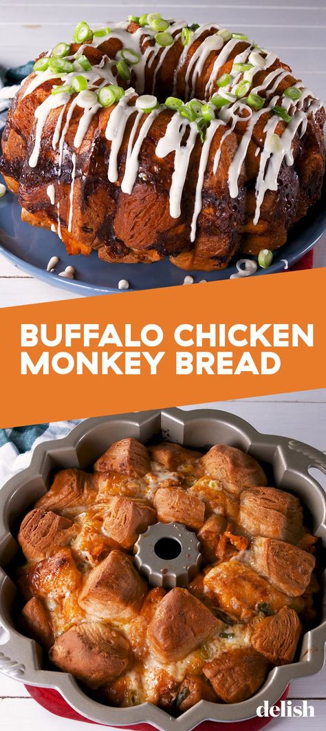 Buffalo Chicken Bread Pull Apart, Buffalo Chicken Monkey Bread, Buffalo Bills Appetizers, Buffalo Chicken Pull Apart Bread, Chicken Monkey Bread, Saucy Chicken, Monkey Bread Recipe, Chicken Appetizers, Tasty Snacks