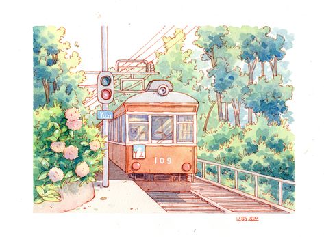 Watercolor Landscape Illustration, Watercolor Ink Illustration, Cute Watercolor Illustration, Watercolor Illustration Ideas, Cute Watercolor Drawings, Watercolor Illustration Landscape, Watercolor Art Cute, Cute Illustration Art, Anime Watercolor