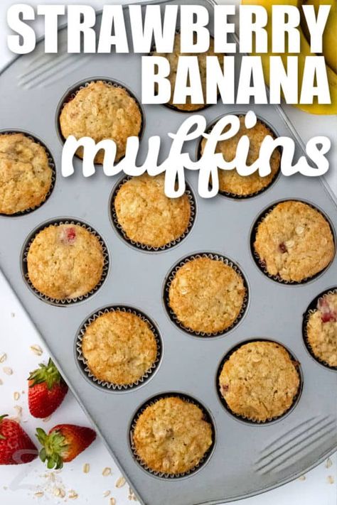 baked Strawberry Banana Muffins in the tin with writing Leftover Bananas, Strawberry Banana Muffins, Grab And Go Breakfast, Post Workout Snacks, Pumpkin Muffins, Strawberry Banana, Banana Muffins, Blue Berry Muffins, No Bake Cookies