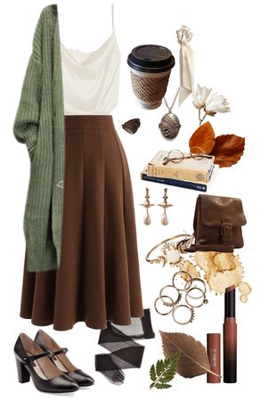 Midi Skirt Travel Outfit, Fall Outfit Dark Academia, A Line Midi Skirt Winter, Brown A Line Skirt Outfits, Brown Skirt Styling, Dark Academia Midi Skirt Outfit, Brown Wool Skirt Outfit, Global Village Coffeehouse Outfit, Brown Skirts Outfits