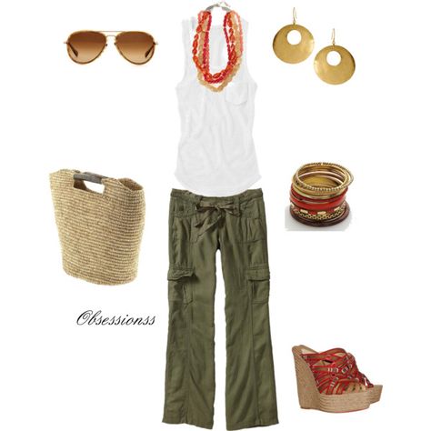 Untitled #156 by obsessionss on Polyvore featuring Victoria's Secret, Old Navy, Christian Louboutin, Sonoma life + style, Lucky Brand, People Tree, Oliver Peoples, Mar y Sol, drawstring pants and wood bangles Coral Wedges, Capri Outfits, Club Fashion, Modest Summer, Olive Green Pants, Fashion Blogger Style, Green Pants, Holy Land, Mode Style