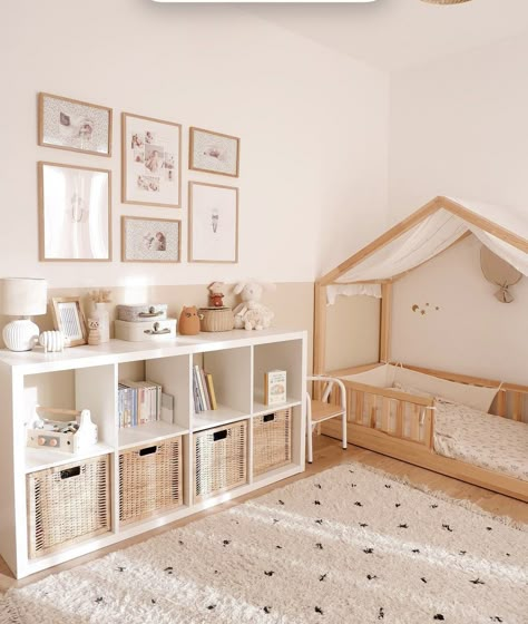 Toddler Room White Furniture, Kids Room Set Up, Montessori Bedroom Design, Toddler Room With Floor Bed, Mom And Toddler Room Ideas Shared, Toddler Gender Neutral Bedroom, Toddler Boy Montessori Bedroom, Simple Toddler Girl Room, Children’s Room Interior Design