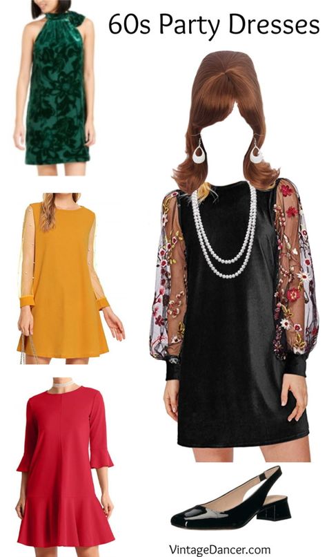 1960s Outfit Ideas | Mod, Hippie, Casual, Housewife, Party 60s Fashion Glamour, 1960 Cocktail Dress, 60s Cocktail Party Fashion, Anni 60 Outfit, 70s Cocktail Dress, 60s Outfits Party, 60 Dresses 60s Style, 60s Theme Party Outfit, 1960s Outfit Ideas 60s Style