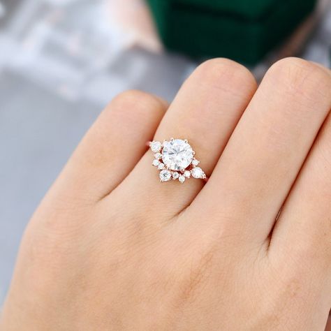 Round Moissanite Engagement Ring, Engagement Rings Sale, Fake Diamond, Diamond Cluster Engagement Ring, Cluster Engagement Ring, Round Cut Engagement Rings, Types Of Diamonds, Natural Diamond Ring, Engagement Rings Round