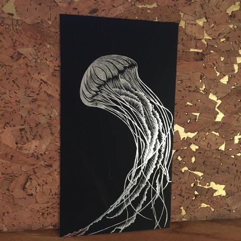 Jellyfish Linocut, Jellyfish Drawing On Black Paper, Jellyfish Lino Print, Seahorse Linocut, Jellyfish Black And White Drawing, Jellyfish Images, Under The Sea Lino Print, Spongebob Painting, Scratchboard Art