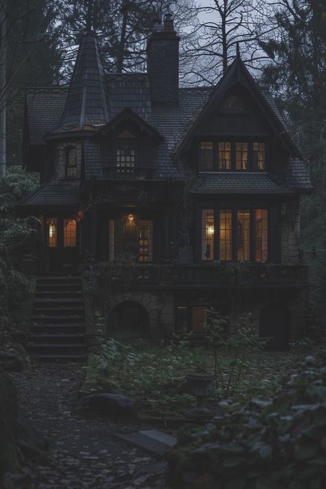 Cabin In The Woods Aesthetic Dark, House In The Forest Aesthetic, House In The Woods Aesthetic, Dark Academia House Exterior, Cabin In The Woods Aesthetic, Dark Home Exterior, Fairy Cottage House, Dark Houses, Dark Academia House