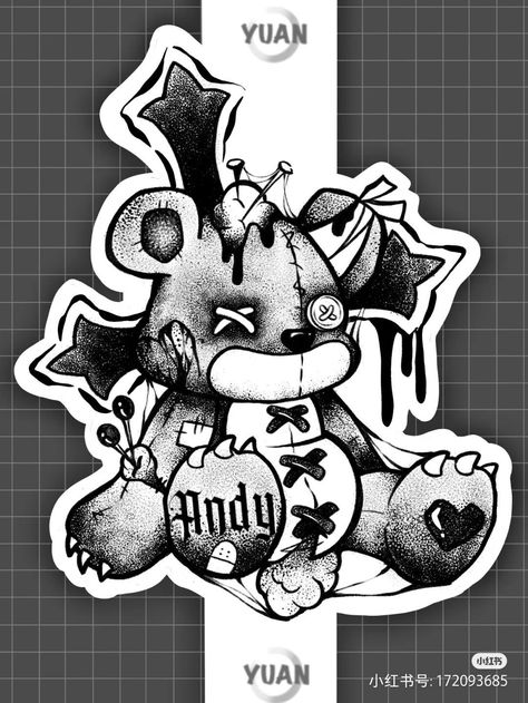 Creepy Teddy Bear Tattoo, Voodoo Doll Tattoo, Gothic Drawings, Cute Monsters Drawings, Wrist Tattoo Designs, American Traditional Tattoo Ideas, Cute Cat Tattoo, Traditional Tattoo Ideas, Filigree Tattoo