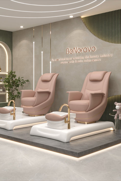 @BeNoravo Pink Collection Pedicure Chairs. ✨ Pedicure Interior Design, Luxury Pedicure Station, Pedicure Salon Interior Design, Pedicure Chair Ideas, Nail Studio Decor, Luxury Nail Salon, Salon Suite Decor, Beauty Shop Decor, Nail Salon Furniture